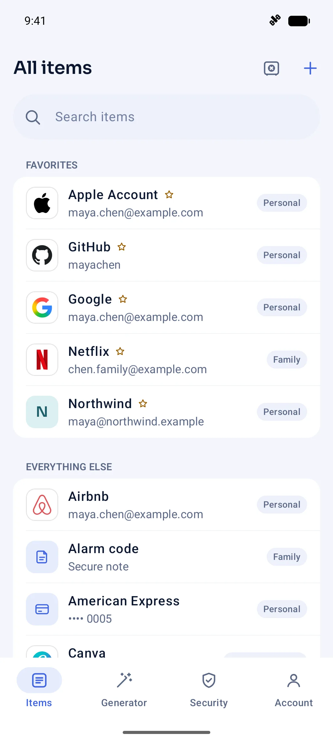 Vallkey on Android: the list of logins, each with its website's logo.