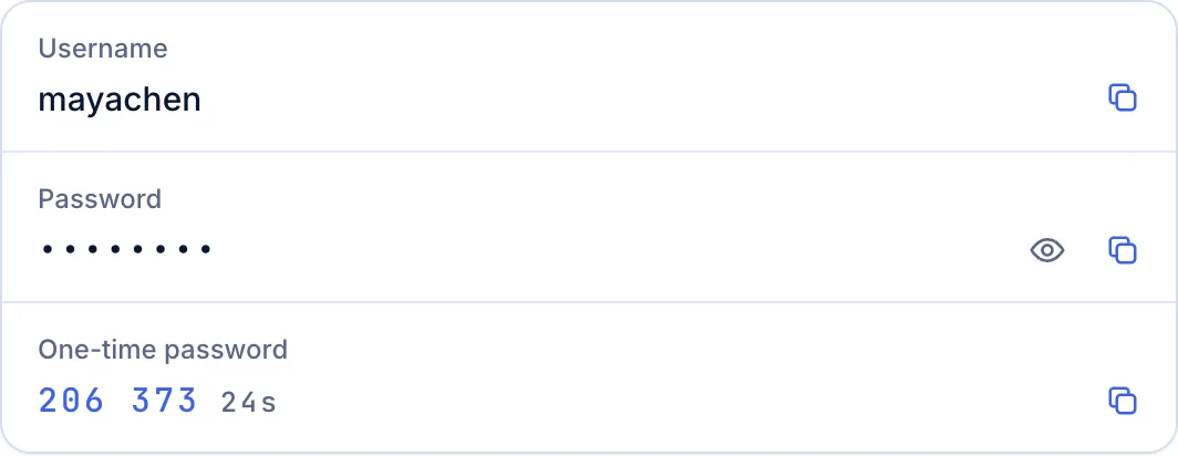 A login's username, hidden password and one-time code, each with a copy button.