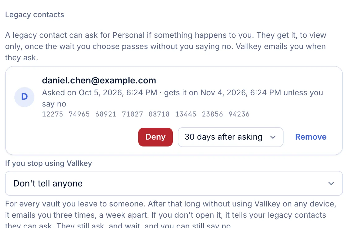 Vallkey's sharing page for a Personal vault: Daniel, a legacy contact, has asked for it, and gets it 30 days after asking unless it's denied.
