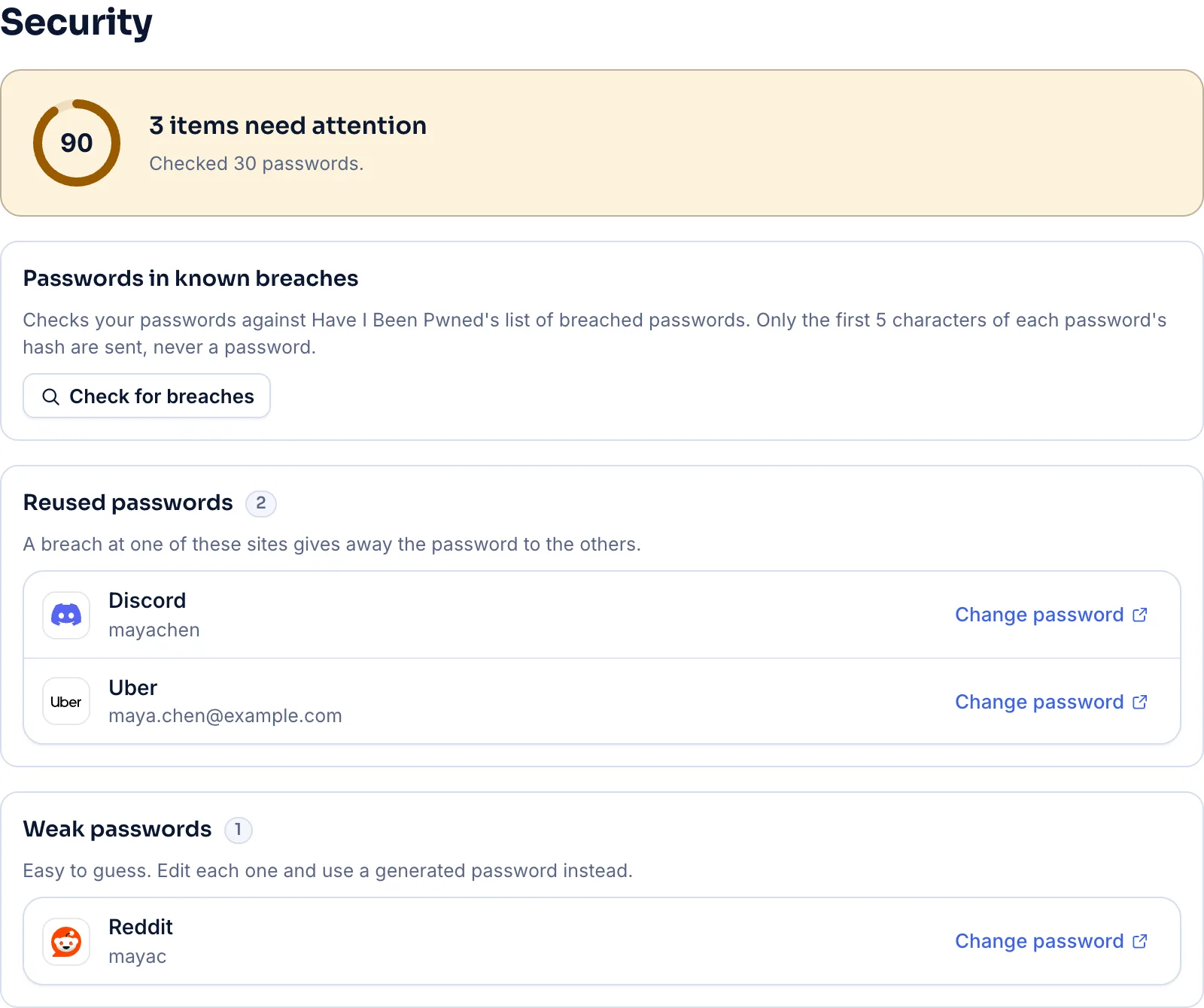 Vallkey's Security page: two reused passwords and a weak one, each with a link to change it.