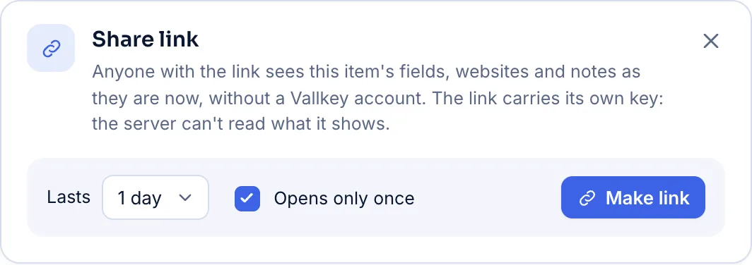 Making a share link for a secure note: it lasts a day and opens only once.