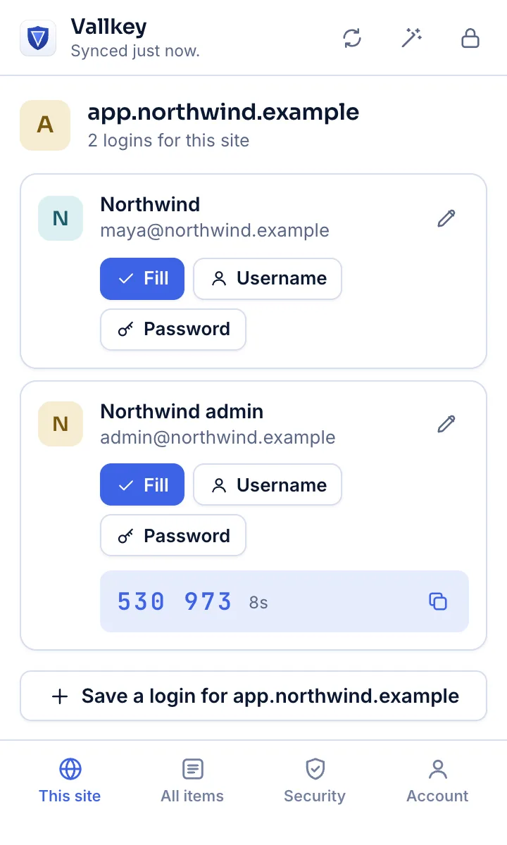 The Vallkey browser extension's popup on a sign-in page, with two logins for the site and a one-time code.