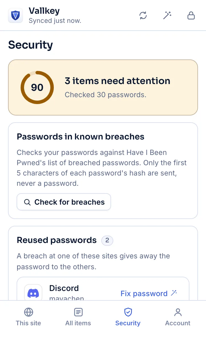 The browser extension's Security tab: 3 items need attention, with Fix password beside a reused password.