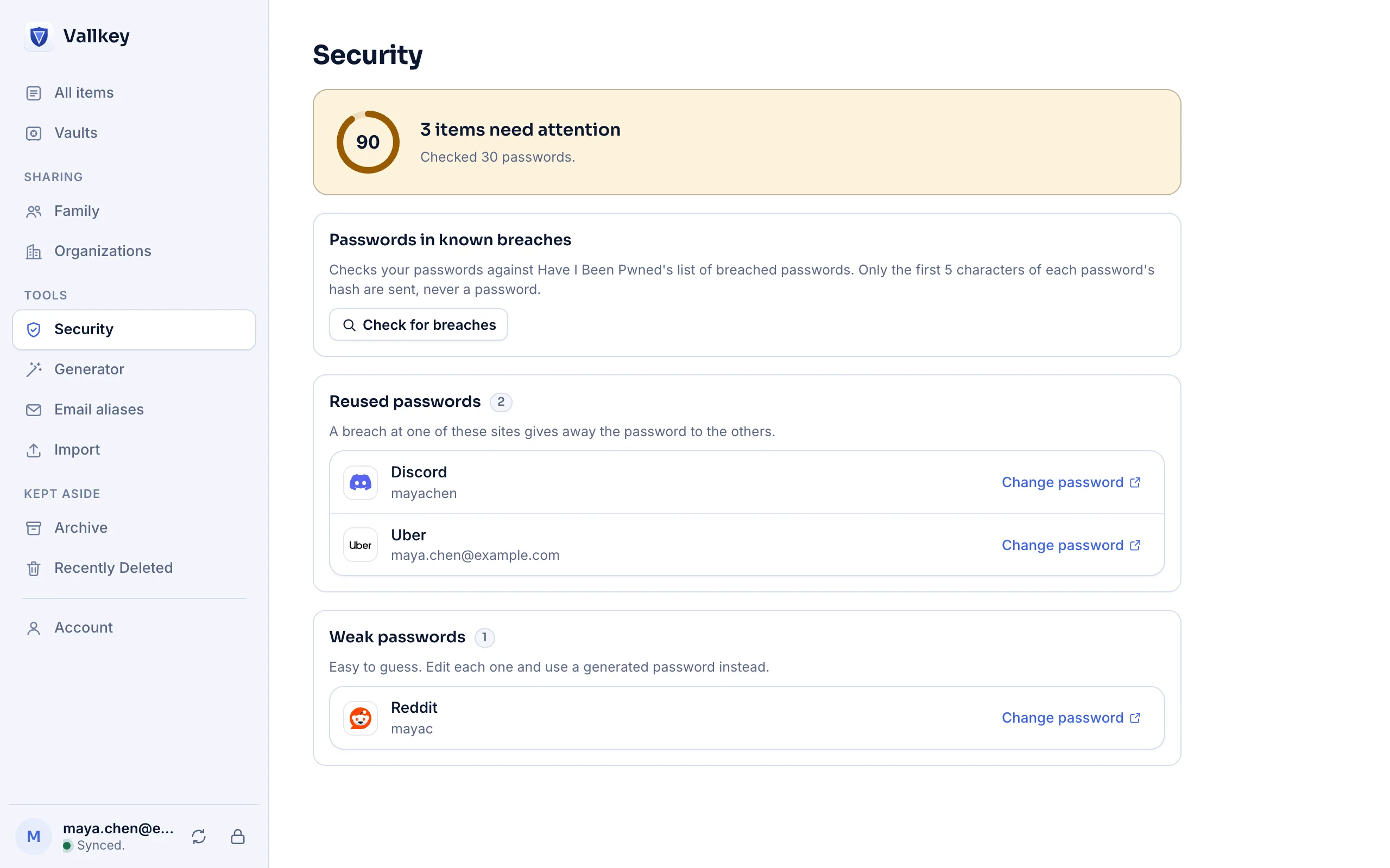 Vallkey for Linux, on its Security page: two reused passwords and a weak one.